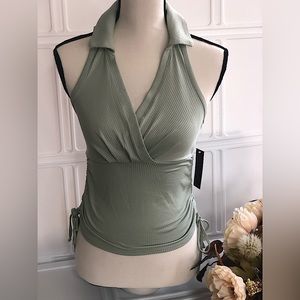 No Boundaries-Green Ribbed Sleeveless Polo Top